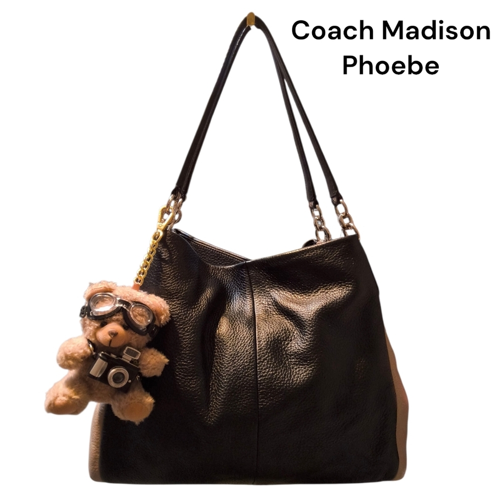 Coach Madison Phoebe Black and Taupe Leather Shoulder Bag with Python Trim